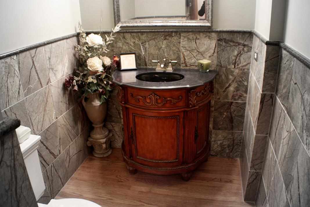 Gray Tiled Powder Room - JW Construction & Design Studio Services