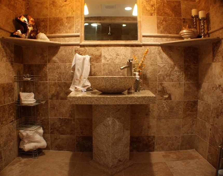 Full Travertine Shower with Pedestal Sink - JW Construction & Design Studio Services