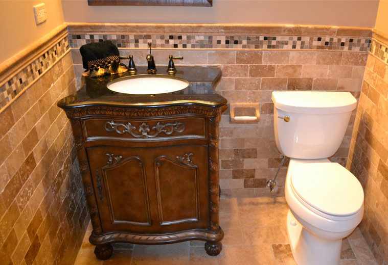 Basement Bathroom Vanity, Naperville - Basement Stackstone Fireplace, Naperville - JW Construction & Design Studio Services